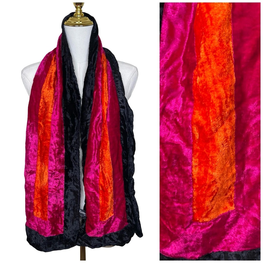 Vintage Kenneth Cole Crushed Velvet Scarf Black Pink Orange Colorblock Rayon 90w